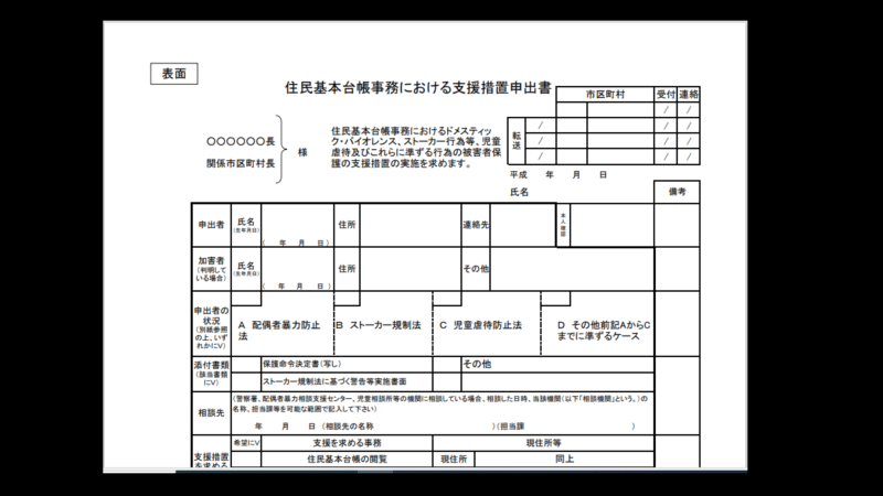 住民基本台帳事務における支援措置 の申し出書